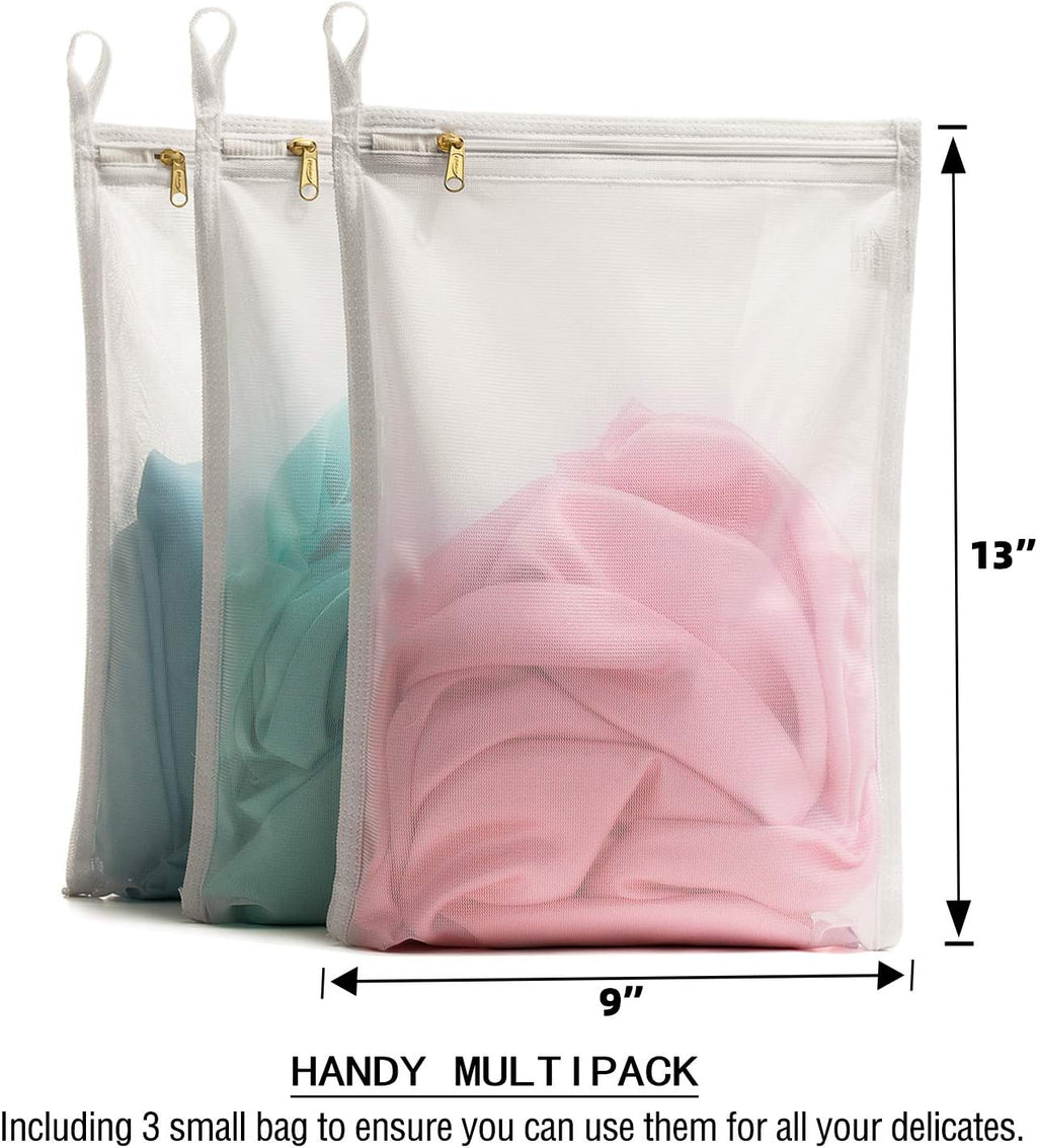 TENRAI Delicates Laundry Bags, Bra Fine Mesh Wash Bag for Underwear, Lingerie, Bra, Pantyhose, Socks, Use YKK Zipper, Have Hanger Loops, Small Openings (White, 3 Small, CQS)