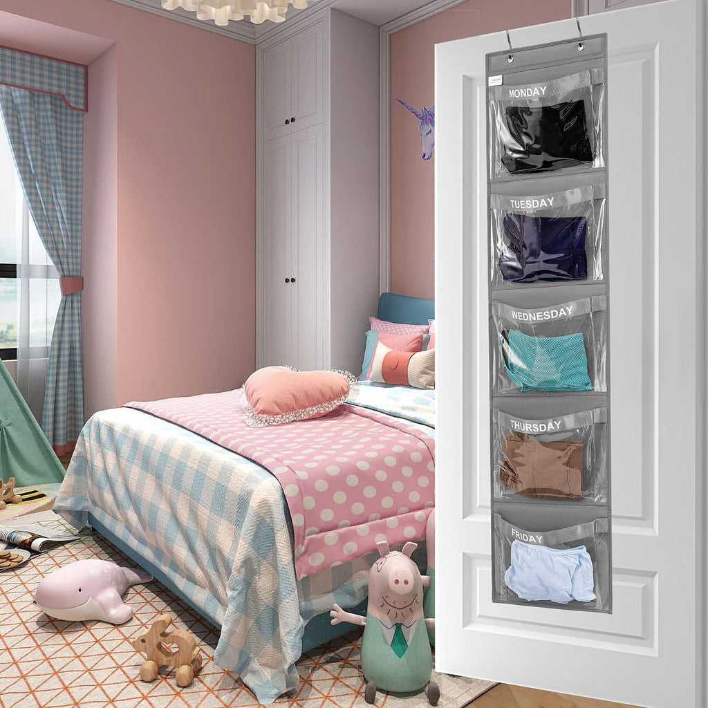 Day of Week Kids Clothes Organizer Weekly Hanging Closet Organizer Monday to Friday School Clothing Storage (GREY)
