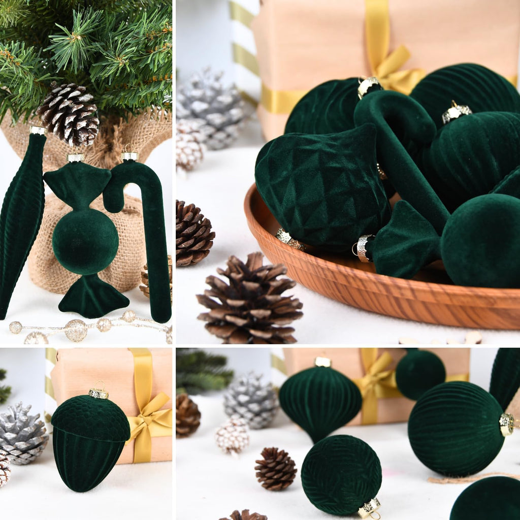 Velvet Ornaments for Christmas Tree Decorations - Dark Green Flocked Christmas Ornament Set for Winter Holiday Decor - Shatterproof Xmas Balls Ornaments Bulk - Pack of 24