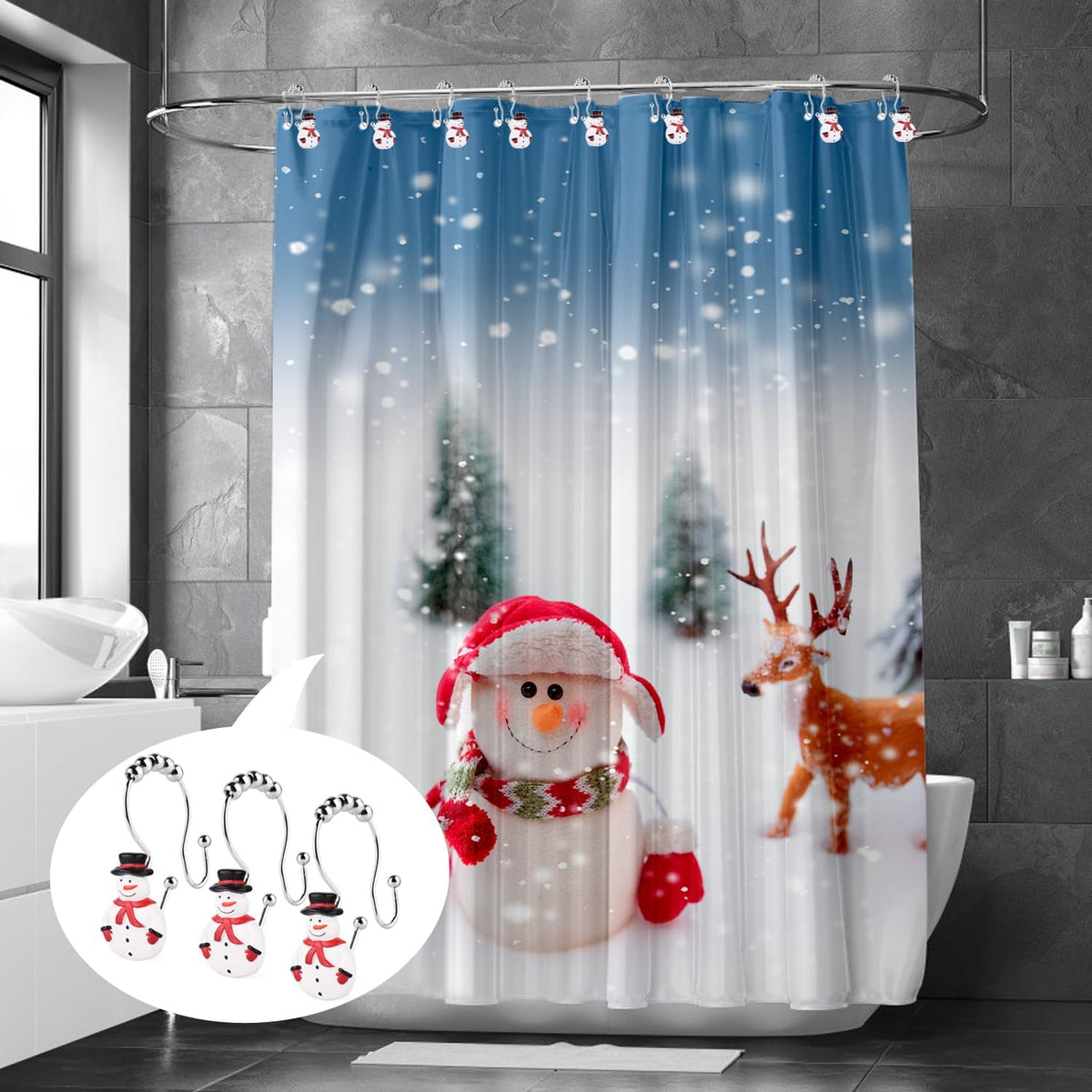 Christmas Double Shower Curtain Hooks,12PCS Xmas Snowman Rust Proof Shower Curtain Hook Rings for Winter Decoration in Bathroom and Living Room