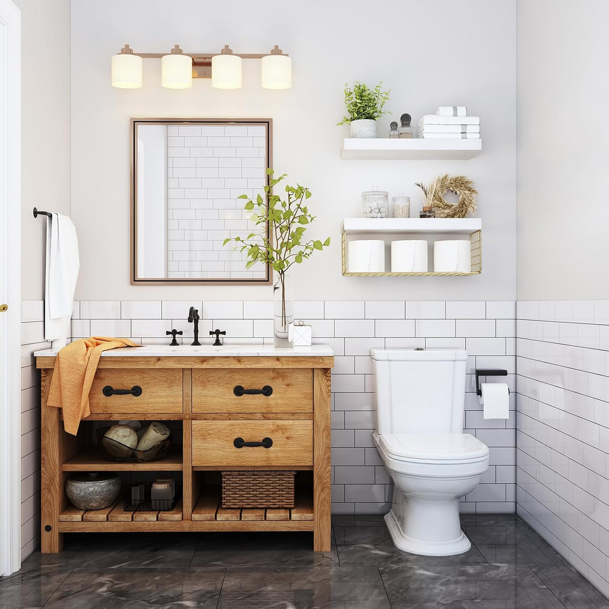 QEEIG Bathroom Shelves Over Toilet Wall (White and Gold, Set of 2, 15.7")