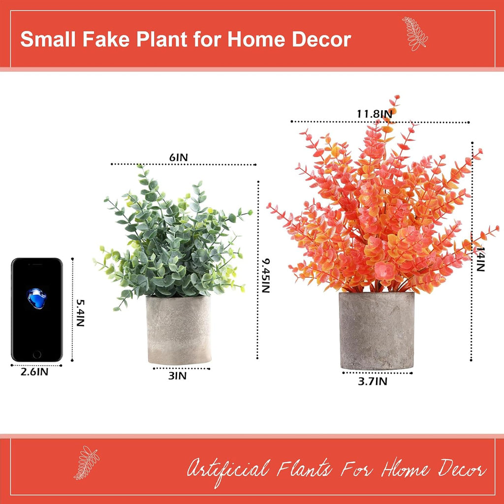 Coferset 2 Pack Small Fake Plants Eucalyptus Potted,Fall Orange Large