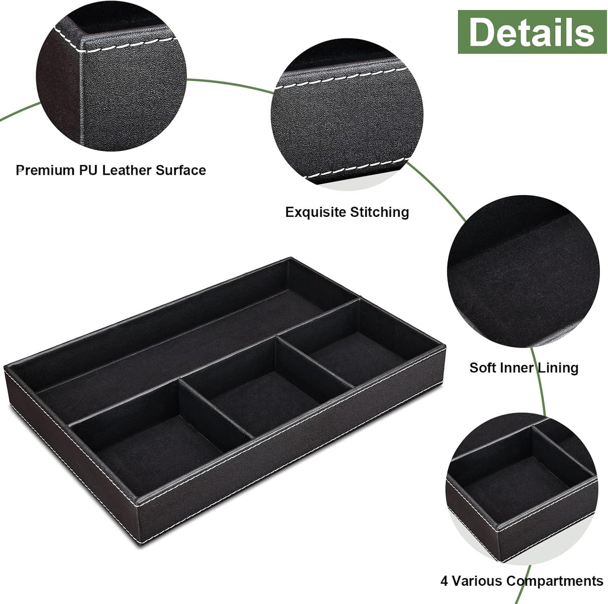 GORESE Faux Leather Valet Tray for Men, Stackable Jewelry Trays Drawer Organizer Tray Nightstand Organizer for Men, EDC Tray for Key, Wallet, Sunglass, Watch, Coin, Phone, Cologne - Black