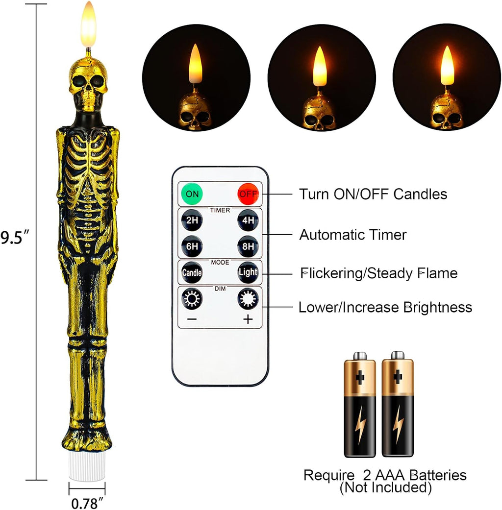 Halloween Skull Flameless Taper Candles Battery Operated, 2 Pack