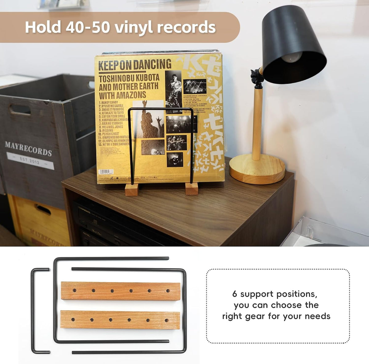 40 LP Vinyl Record Storage Solid Cherry Wood Vinyl Record Holder (Iron)