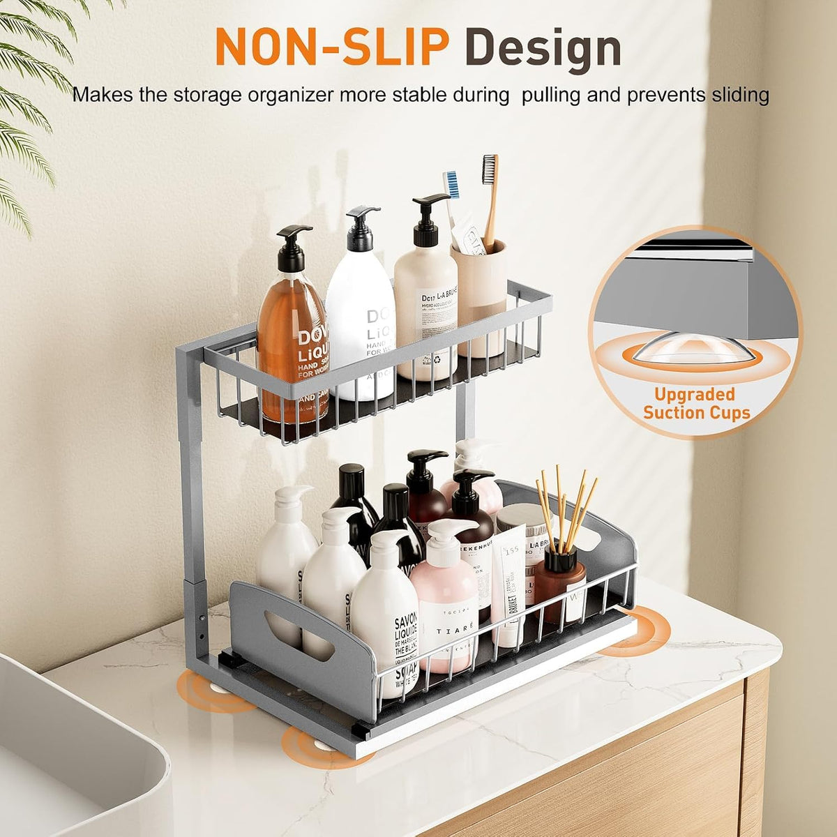 Under Kitchen Sink Organizer, Metal Pull Out Bathroom Organizers and Storage, 2-Tier Cabinet Organizer Shelf with Sliding Drawer, Home Organization for Kitchen, Laundry, Pantry, Light Grey, 2 pack