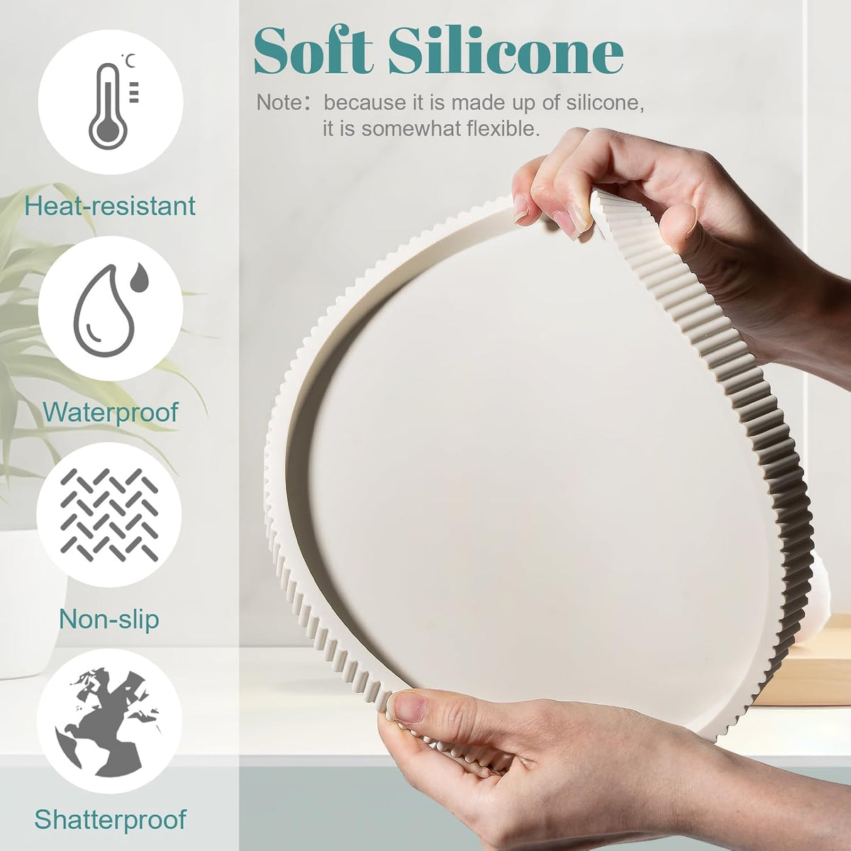 Silicone Bathroom Tray Round Perfume Tray Coffee Table Decor, 9" Beige
