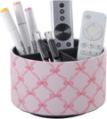 Cute Rotating Table Remote Control Holder, 360 Spinning PU Leather Remote Organizer and Makeup Brush Holder, Aesthetic Room Decor Storage Caddy for Nightstand, Pink Bow PH131