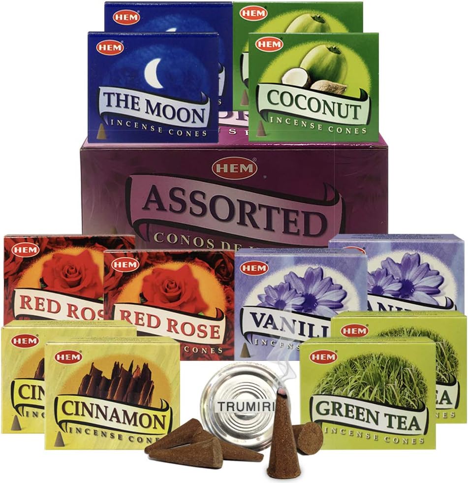 Hem Incense Cones Variety Pack #1 and Cone Incense Burner Bundle with 6 Unique Fragarances
