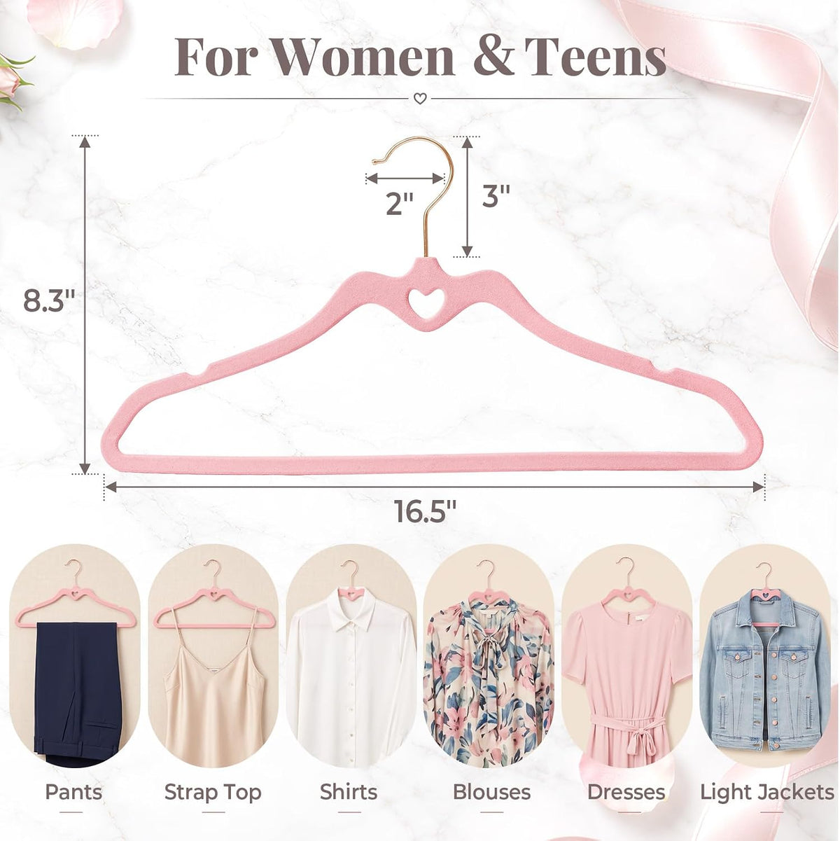 HOUSE DAY Pink Velvet Hangers 120 Pack, Non Slip Felt Hangers Heart-Shaped