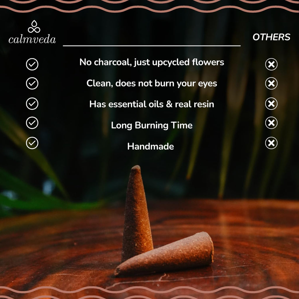 CALMVEDA Bohemian Incense Cones Bundle - 24 Inscents-Cones (Patchouli Incense & Nag Champa Incense Cones) Charcoal-Free & Handmade from Upcycled Sacred Flowers|Retro Meditation Combo Pack