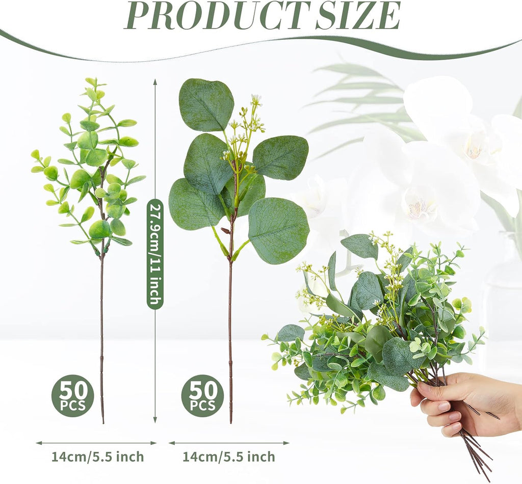 Yunsailing 100 Pcs Faux Eucalyptus Stems White Seed Green Artificial Leaves