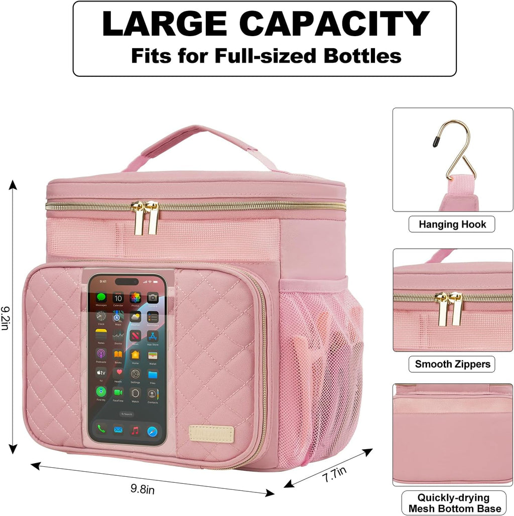 Portable Shower Caddy College Dorm Essentials (Full Size Bottle Compatible), Toiletry Bag for Women Men, Hanging Makeup Bag with Quickly Dry Mesh Base for Travel,Gym & Camping,Pink