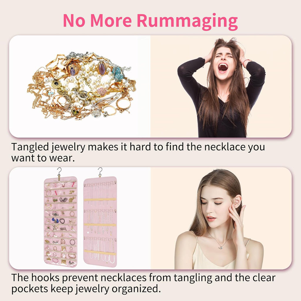 Bloss Hanging Jewelry Organizer with 48 Pockets, Double-Size Hanging Jewelrys Holder with Hanger Hooks, Jewelry Organizers and Storage for Earrings, Necklaces and Rings,Pink