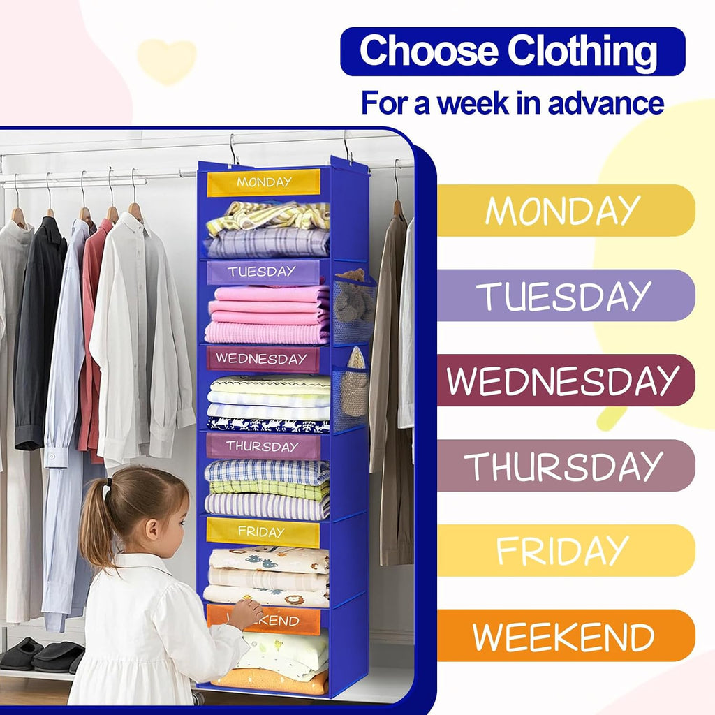 homyfort Weekly Clothes Organizer for Kids, 6-Shelf Hanging Closet Organizer with Colorful Labels, Space Saving Design with 2 Pockets, Daily Hanging Closet Shelves for Kids Room Storage, Blue
