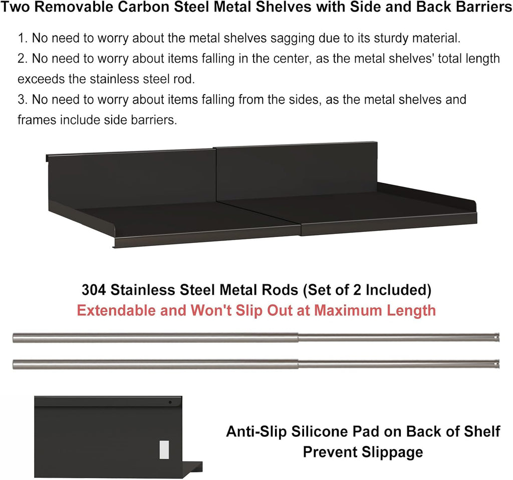 Expandable Under Cabinet Shelf Organizer with 0.94-Inch Thick Clips, Heavy Duty Extendable Under Shelf Storage Basket for Pantry or Laundry Room, Black, 1 Pack, Interior: 5.7" H x 7.2" D