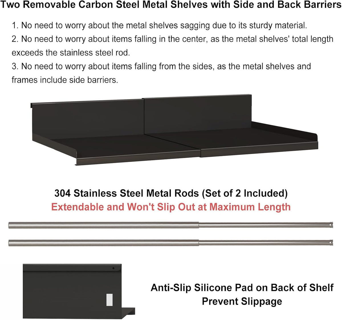 Expandable Under Cabinet Shelf Organizer with 0.94-Inch Thick Clips, Heavy Duty Extendable Under Shelf Storage Basket for Pantry or Laundry Room, Black, 1 Pack, Interior: 5.7" H x 7.2" D