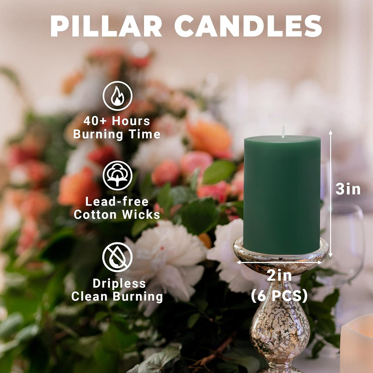 6 Pack 2x3 inch Pillar Candles, Green Unscented Votive Candle for Celebration Home Decoration, Dripless and Long Burning Time