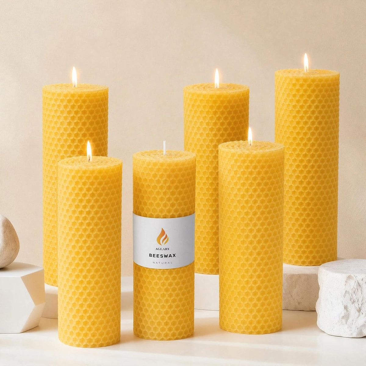 6-Pack 2x6 Beeswax Pillar Candles, Hand-Rolled Honeycomb, Natural Yellow
