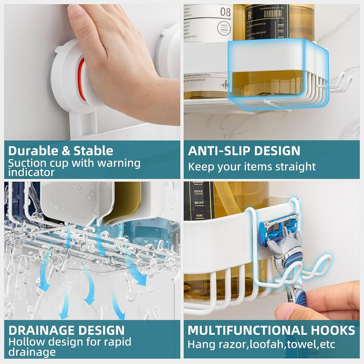 TAILI Shower Caddy Suction Cup Rustproof Metal Visible indicator White