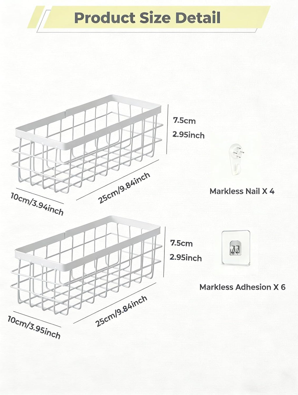 2 PCS Adhesive Wire Wall Baskets, Hanging Small Storage Organizer, White