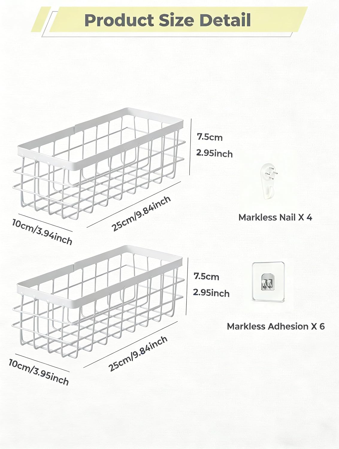 2 PCS Adhesive Wire Wall Baskets, Hanging Small Storage Organizer, White
