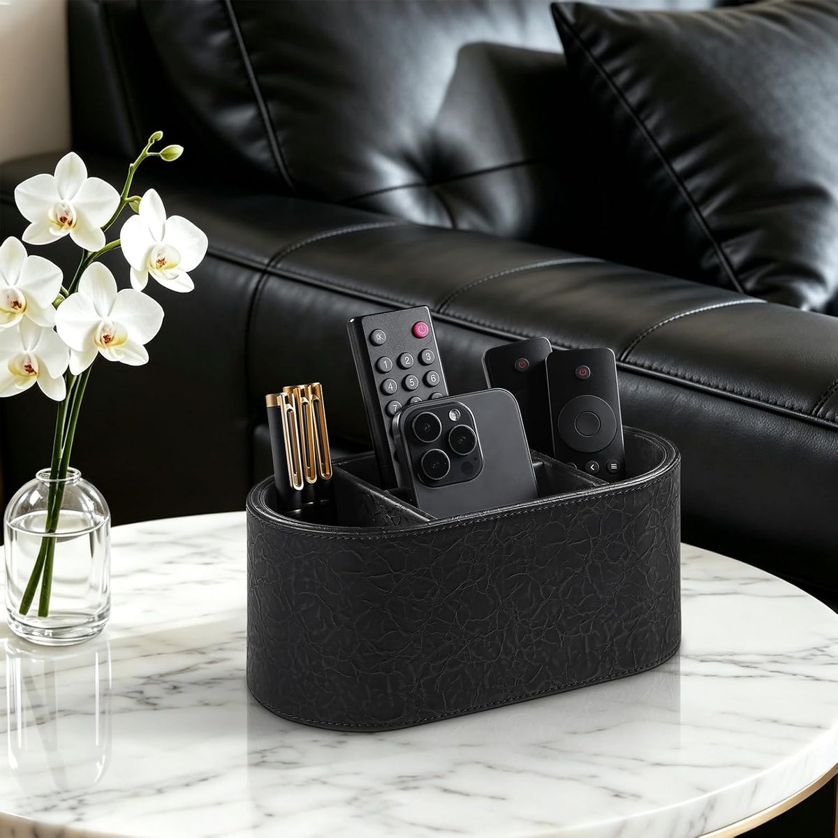 Oval Remote Control Holder, Nightstand Organizer Desk Caddy (Black)