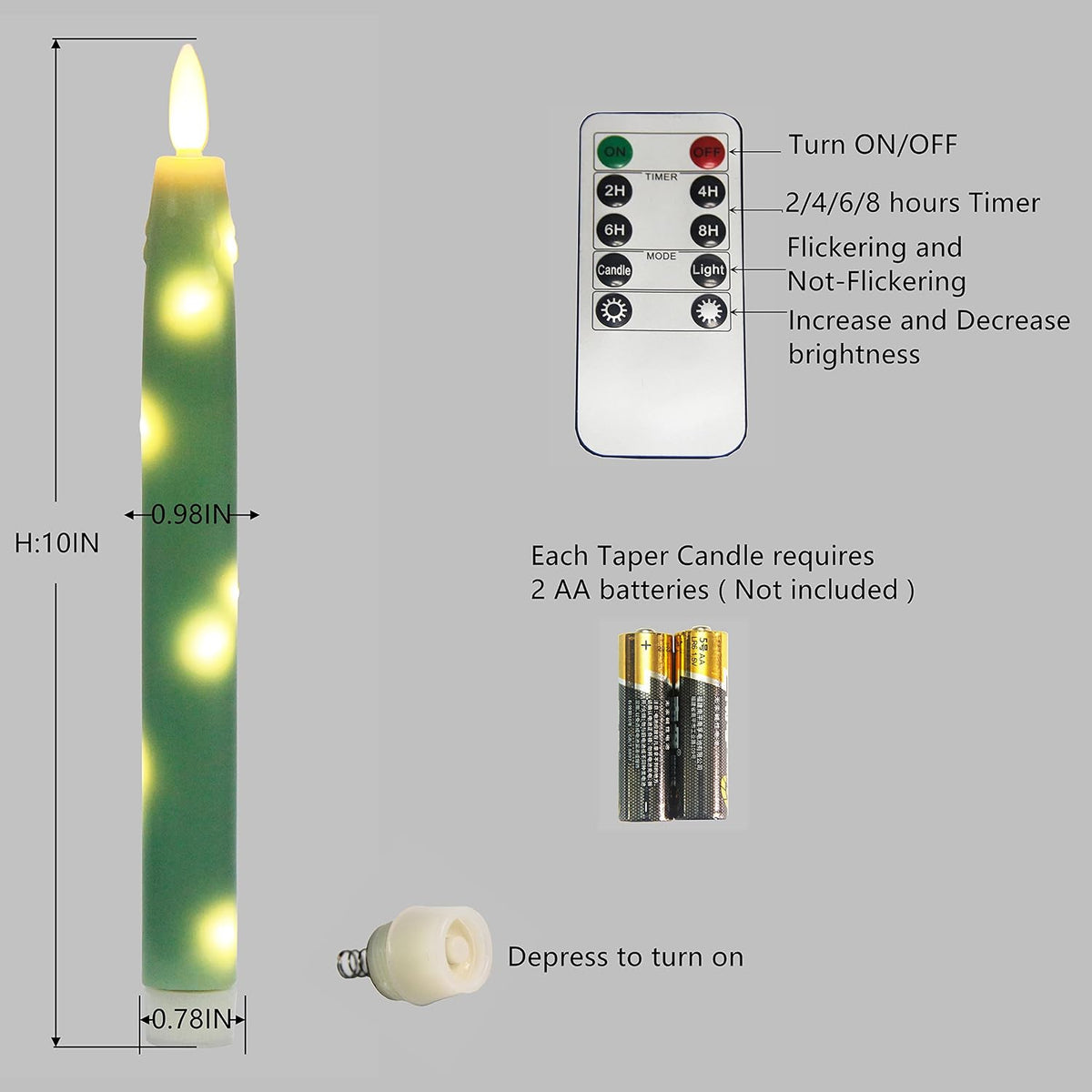 Flameless Flickering Taper Candles Battery Operated with Embedded String Lights, wtih Timer and Remote, LED Real Wax Tapered Dinner Candle Set of 2 (Green)