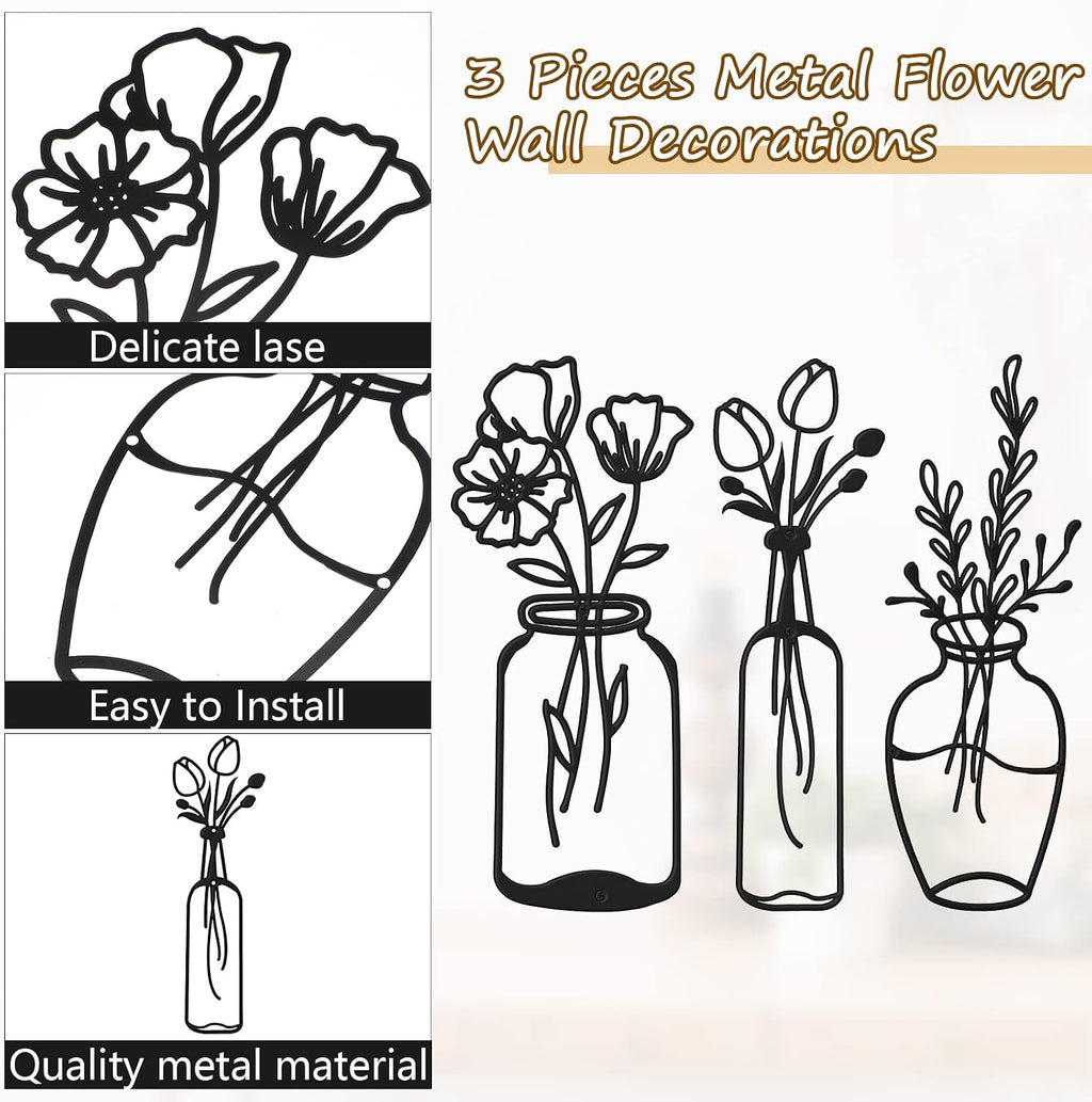 Hotop 3 Pcs Metal Flower Wall Art Decor Rustic Floral Walls Arts Iron Farmhouse Hanging Decor Black Minimalist for Kitchen Bathroom Living Room Housewarming Gift(4.2/4.5/5.5 Inches,Stylish Style)