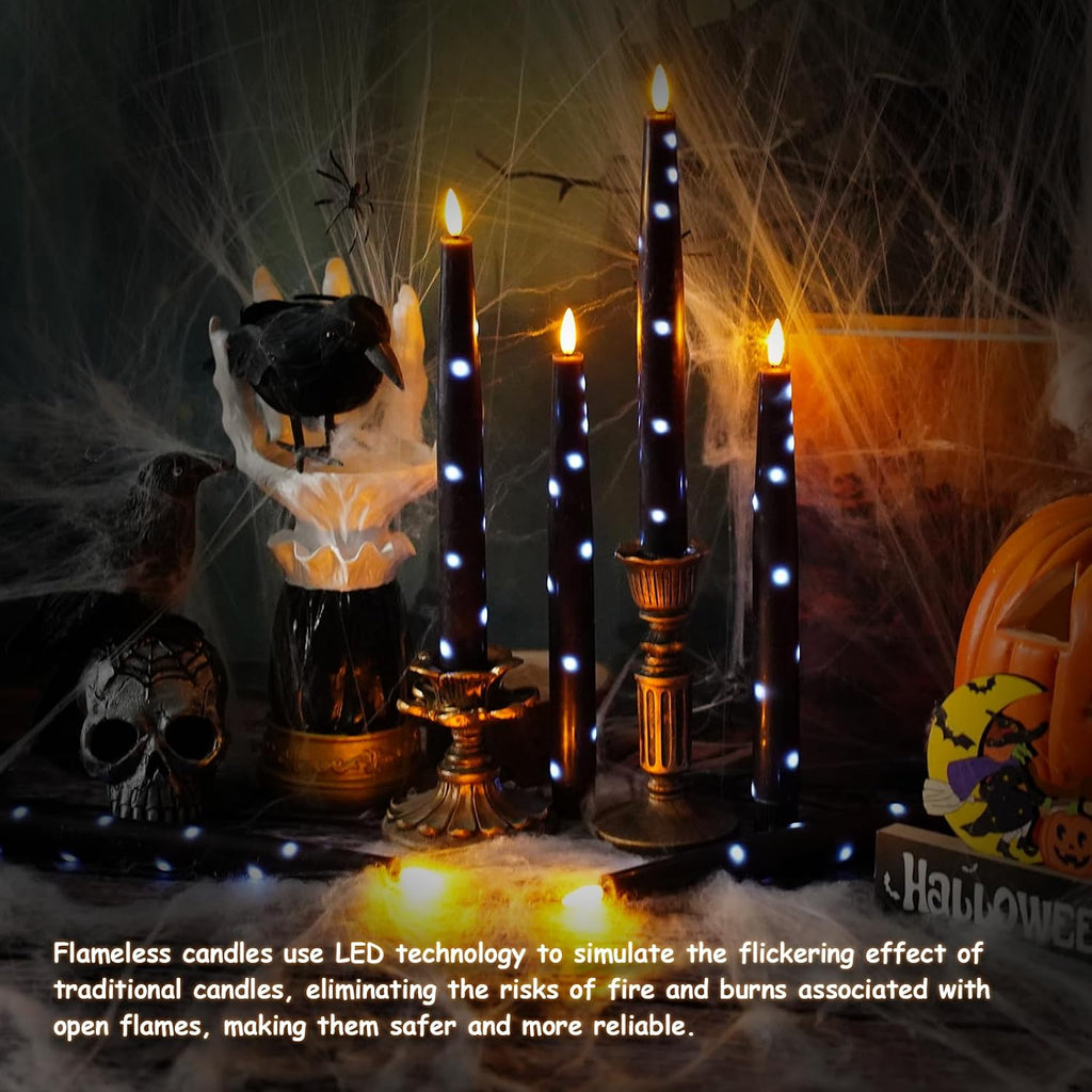 Nimiko Flameless Taper Candles with Star Lights, Remote Control, and Timer Control, Made of Real Wax, LED Battery-Powered Candles Suitable for Home, Party, and Wedding Decorations 6-Pack Black
