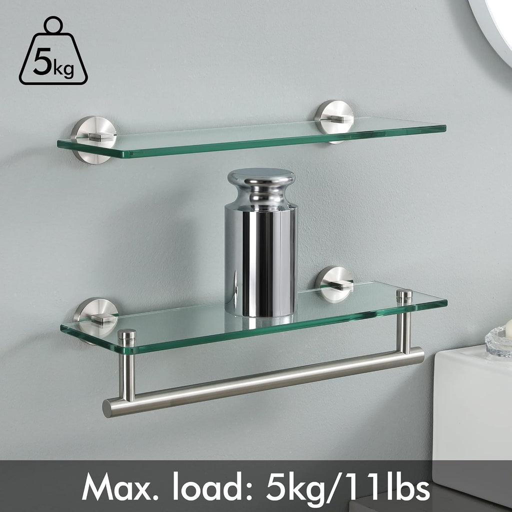 KES Glass Shelves for Bathroom, 16" Glass Floating Bathroom Shelf with Bar