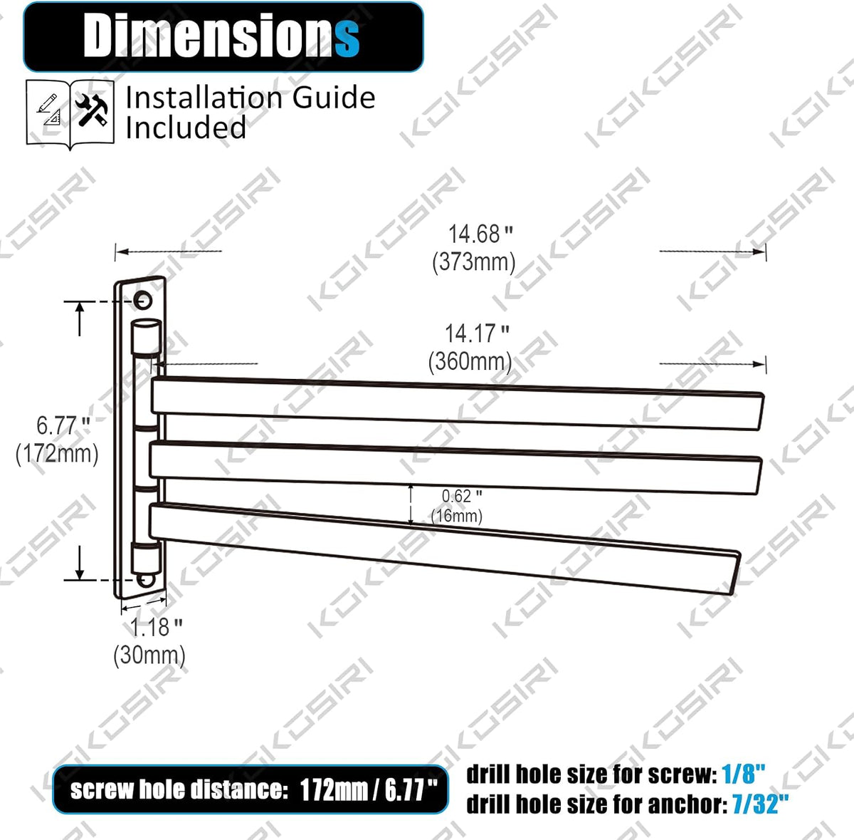 KOKOSIRI Bathroom Towel Bars Swivel Towel Rails Matte Black Swing Out Hand Towel Holder 3-Arm for Bath Kitchen Wall Stainless Steel B5007BK-A3