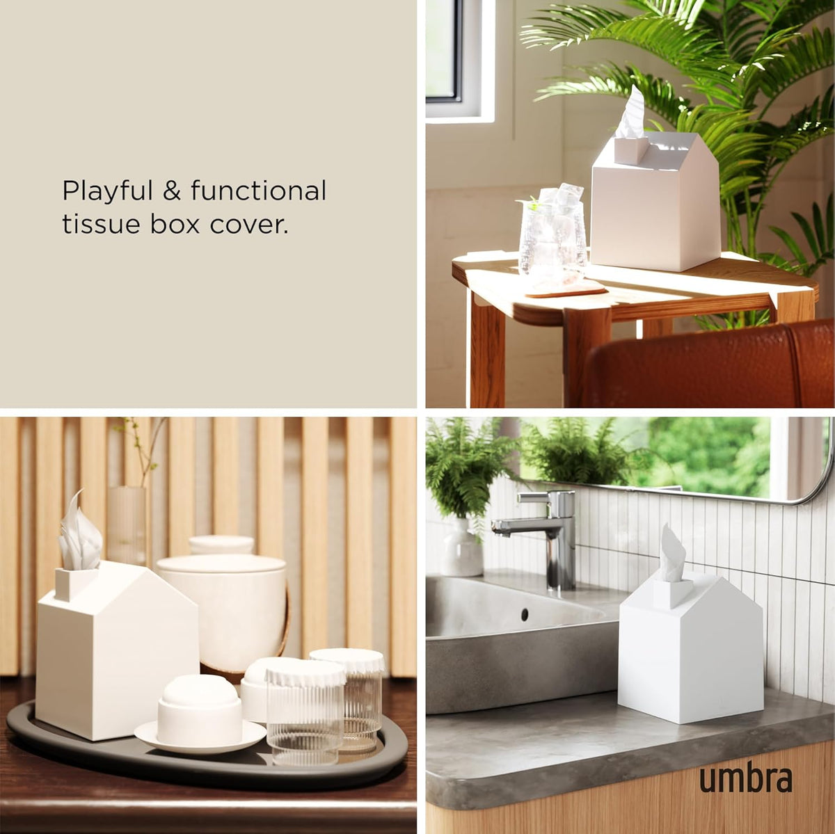 Umbra Casa Tissue Box Cover, House Shaped Kleenex Box Holder, Square, White (Pack of 3)