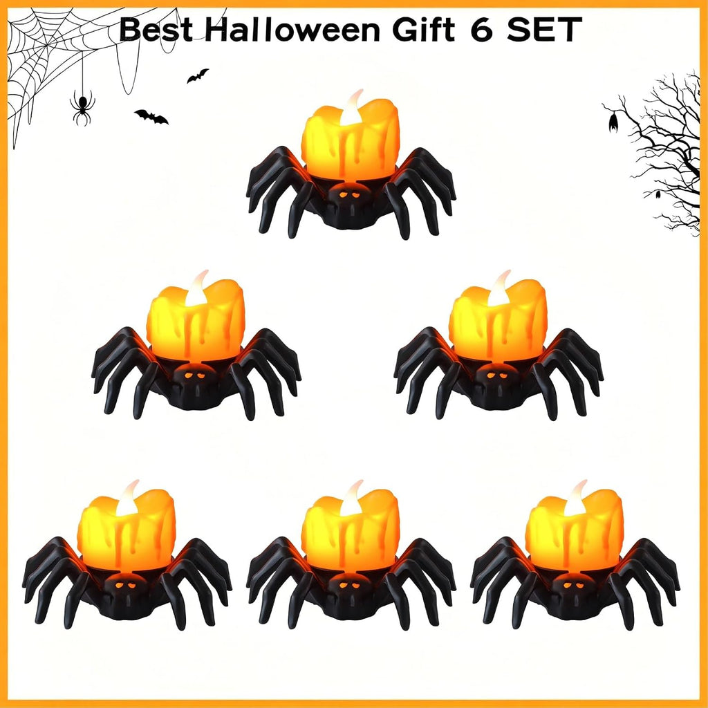 6 Pcs Halloween Spider Tea Lights Candles, Battery Operated Orange LED Flameless Spider Candles Holder Lights, Bright Spooky Halloween Decorations for Party Table Home Decor