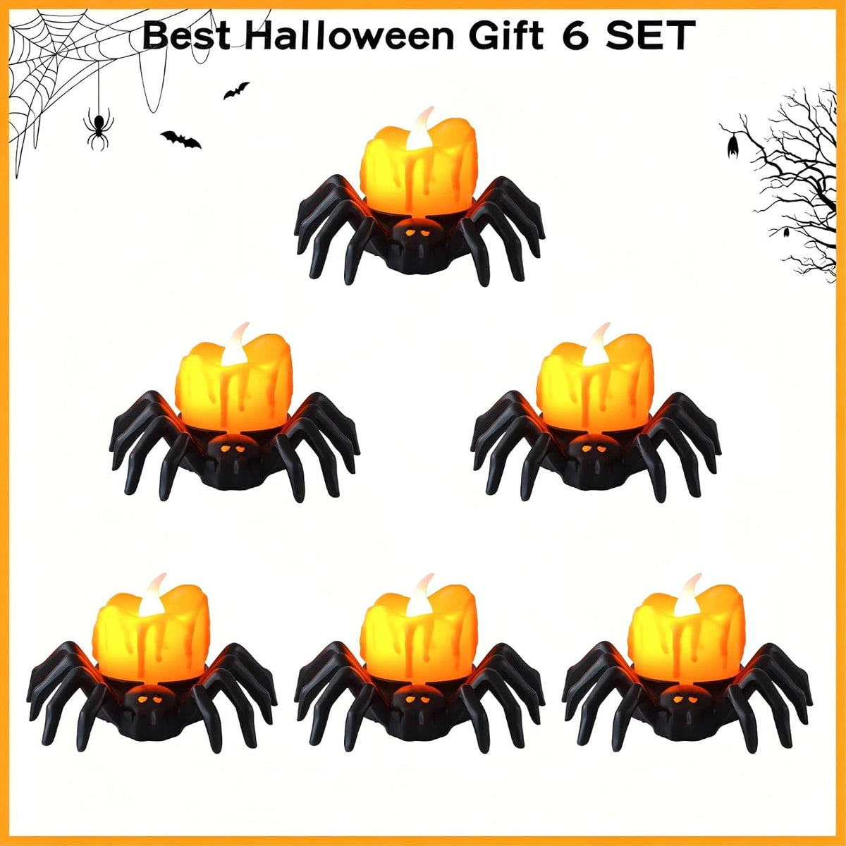 6 Pcs Halloween Spider Tea Lights Candles, Battery Operated Orange LED Flameless Spider Candles Holder Lights, Bright Spooky Halloween Decorations for Party Table Home Decor