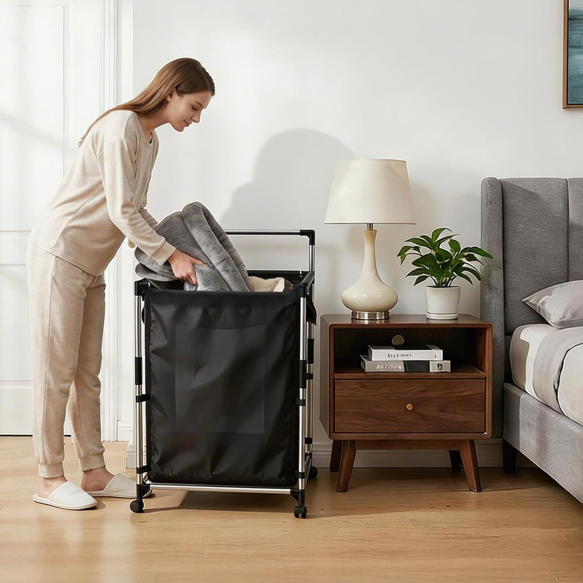 Laundry Hamper 2 Section with Wheels - Rolling Laundry Basket,Black