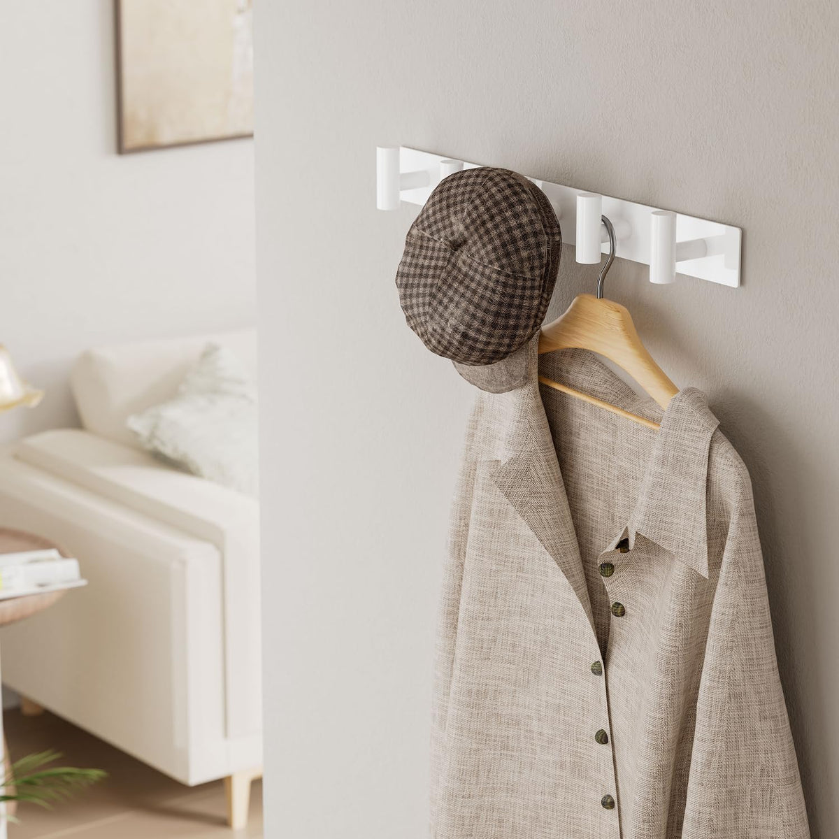 White Wall Mounted Coat Rack – 5 T-Shaped Hooks on 16.5" Rail, (1 Pack)
