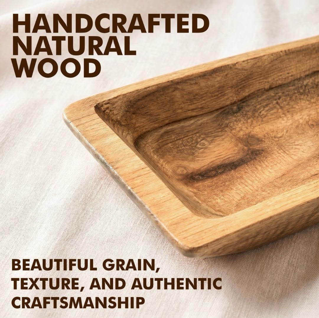 Long Wooden Dough Bowl Centerpiece, 20" Oblong Decorative Wood Bowl for Coffee Table, Dining Table & Entryway Decor, Rustic Farmhouse Style