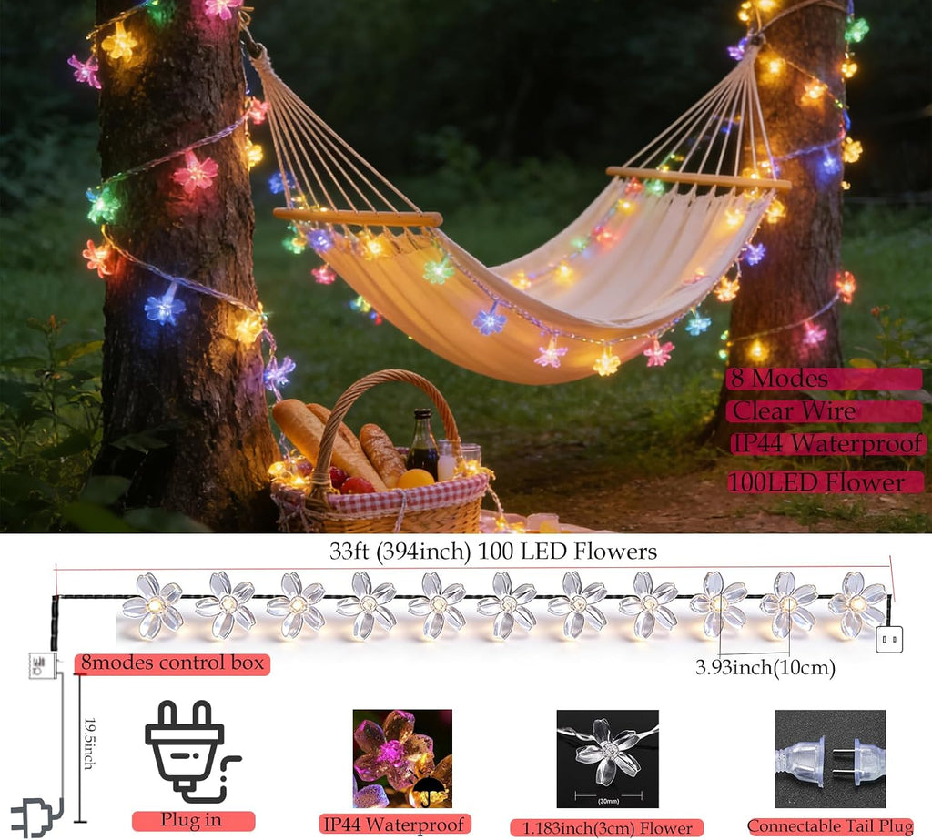 33ft 100 LED Plug in Pastel Christmas Flower String Lights Hanging Decor