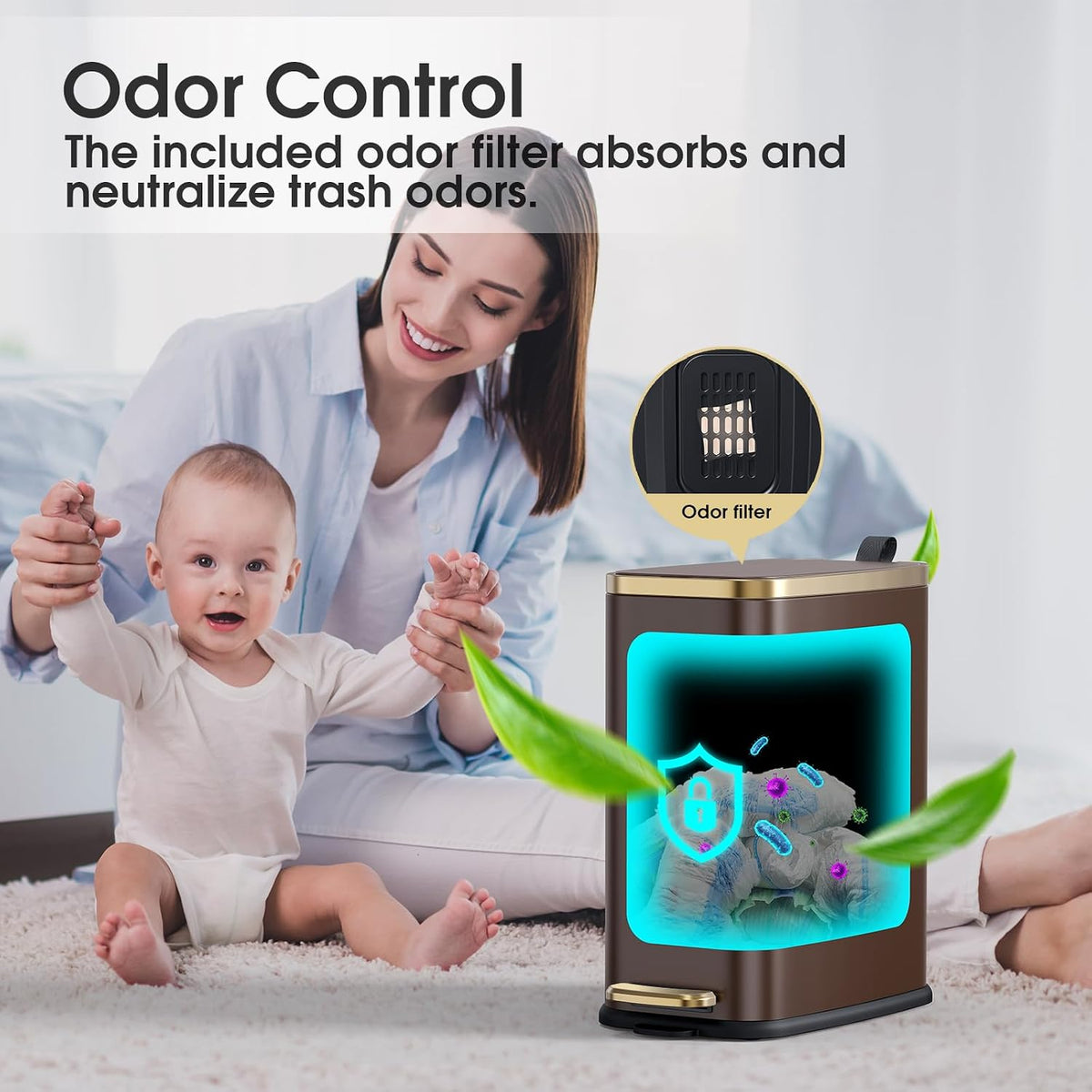 CEROELDA Small Bathroom Trash Can with Lid-5L/1.3 Gal-Soft Close Lid-Brown