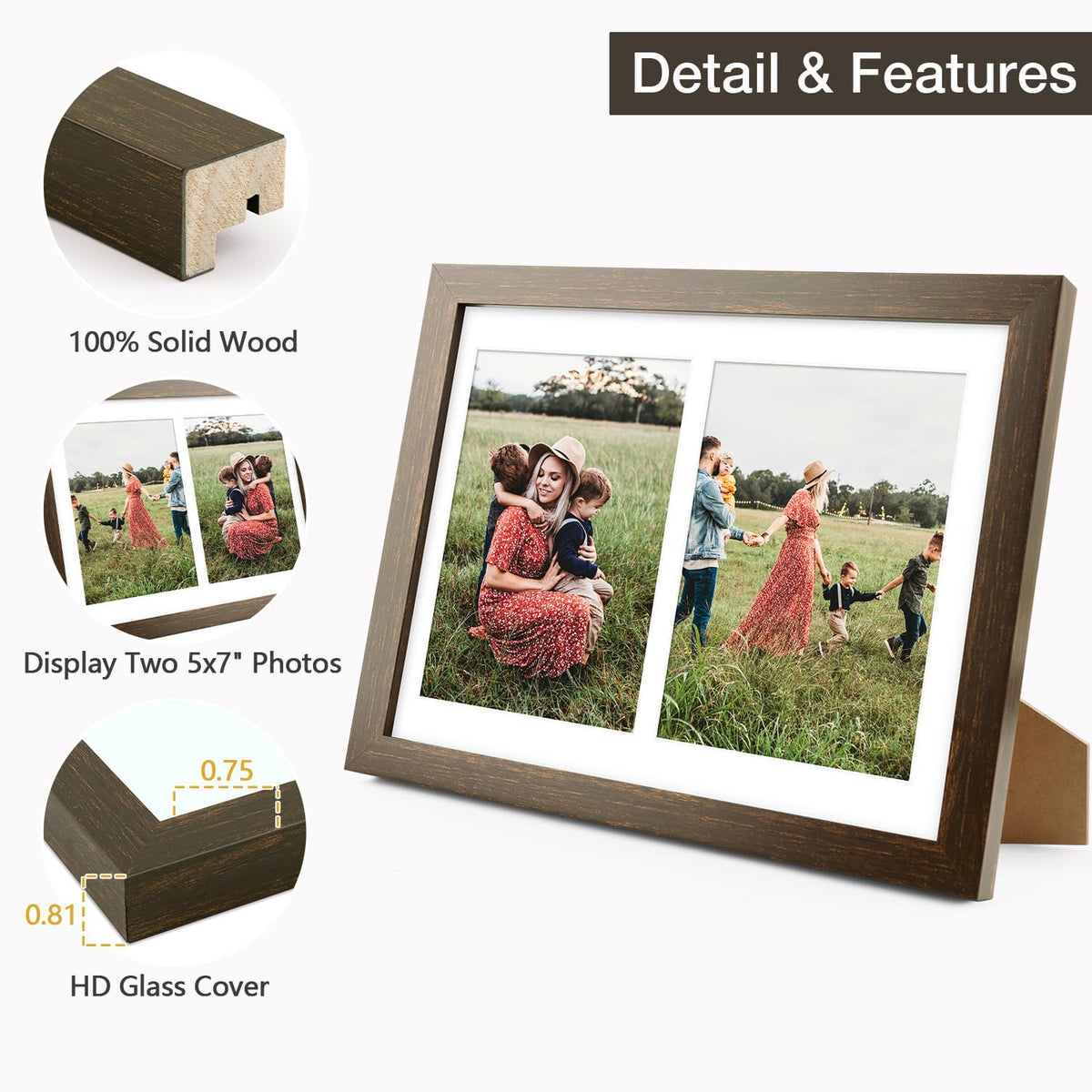 Golden State Art 8.5x11 Dark Brown Wooden Picture Frame for 2-5x7 Photos
