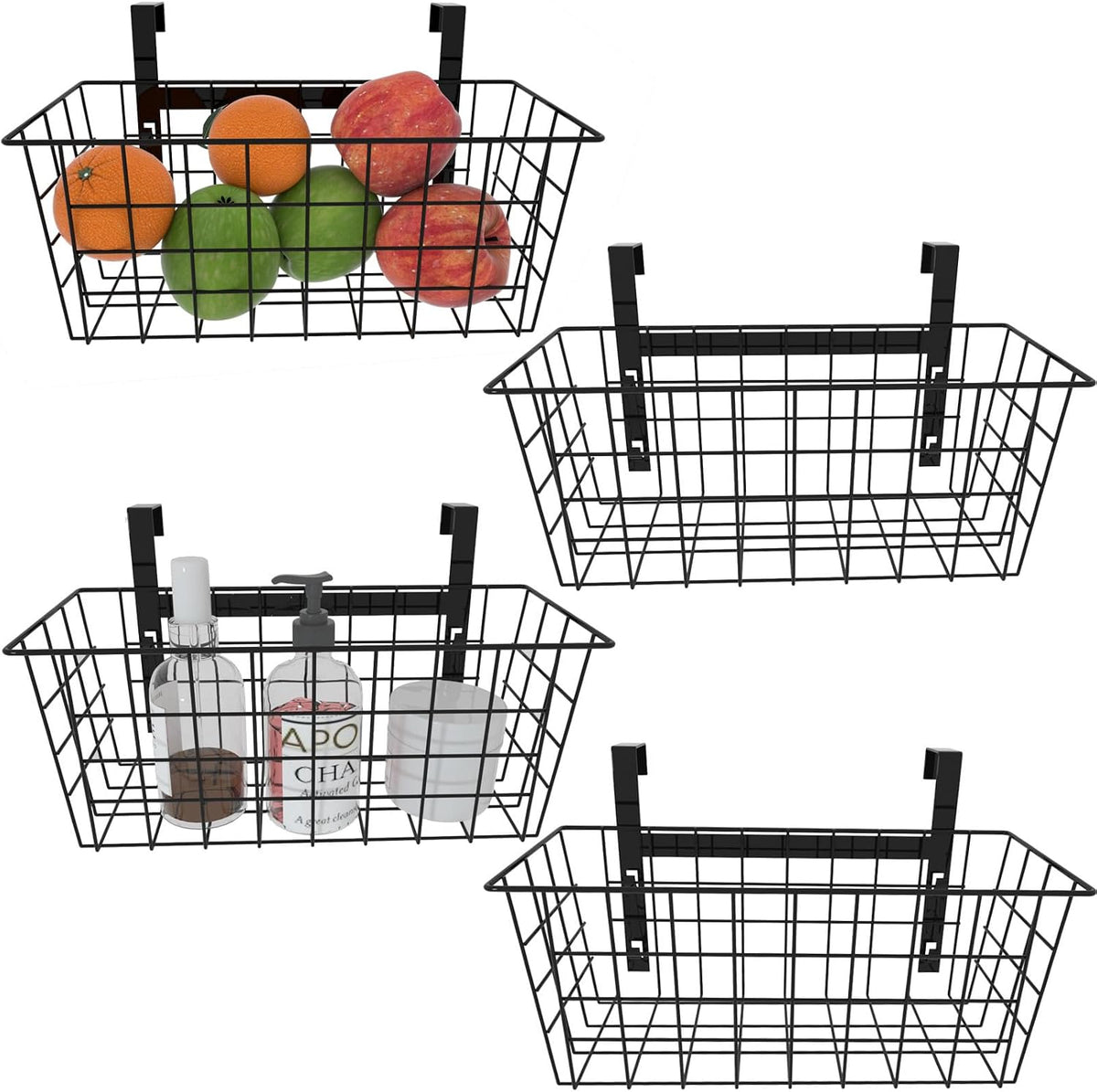 MaraFansie Basket with Hook, Grid Storage Basket, Over the Cabinet Door Organizer, Wire Hanging Basket with Hook Over the Railing, Under Sink Kitchen Cabinet, Pantry, Bathroom, Black, 4 Pack