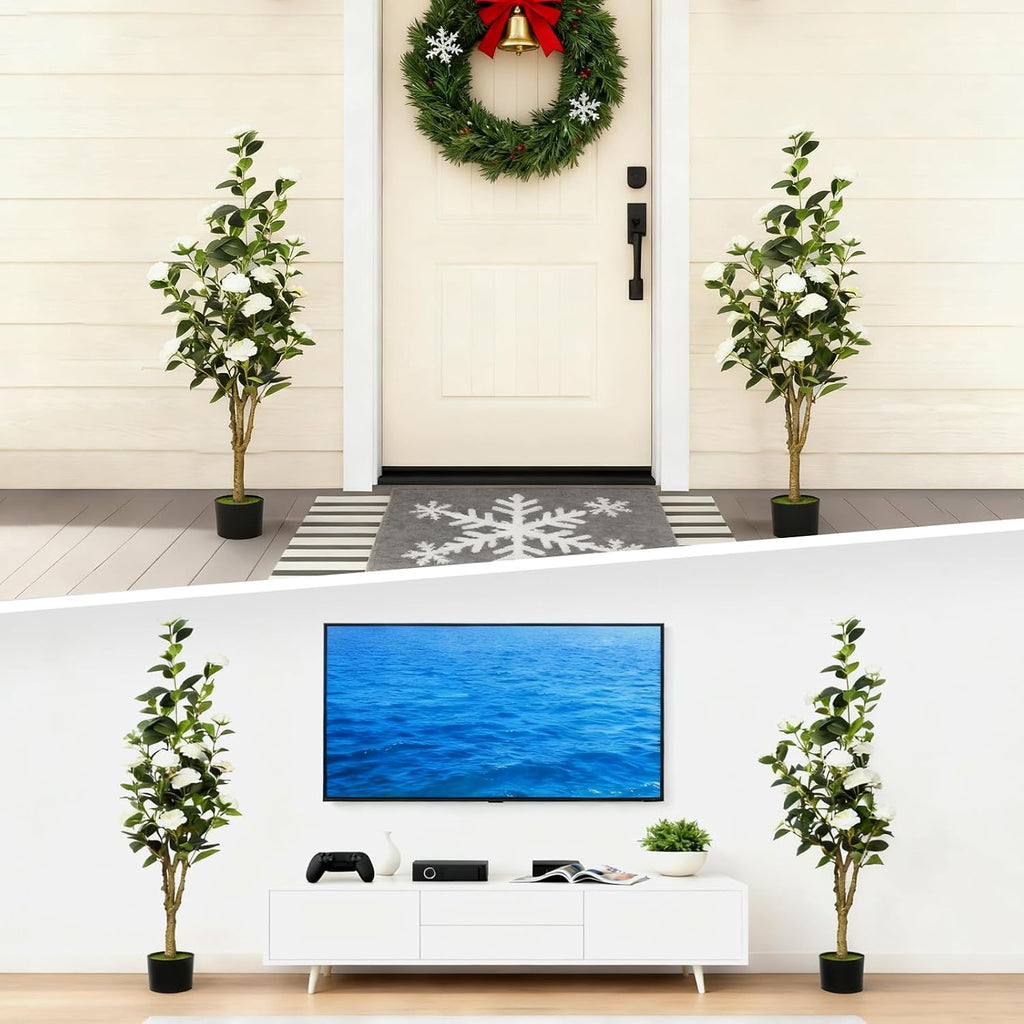 2-Pack 4FT Artificial Camellia Tree,Realistic Fake Potted Plants with Flowers&Planters,Indoor/Outdoor Faux Flowering Trees for Home,Office,Porch,Wedding,and Housewarming Gift Decor,White