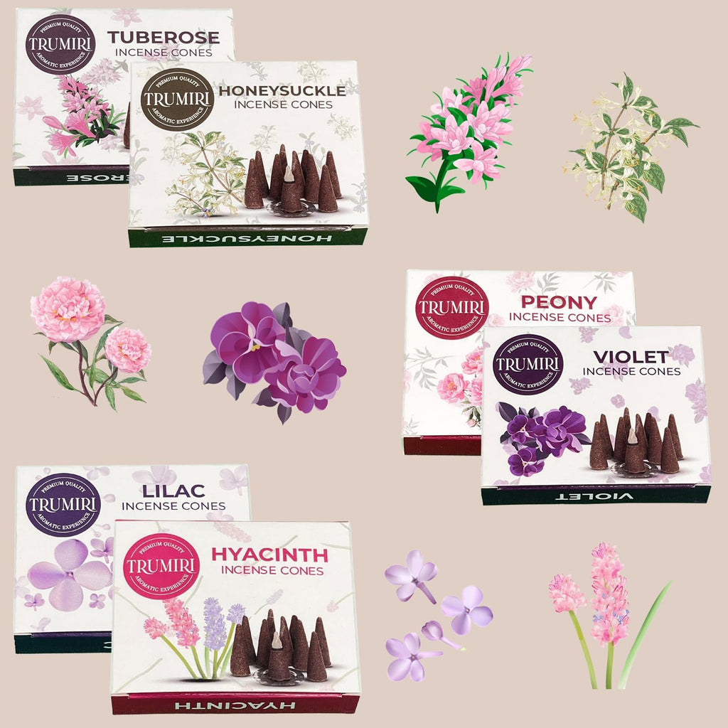 TRUMIRI Blossom Incense Cones - Variety Pack - Total 60 Cone Incense (6 Scents x 10 Conos) - Peony, Lilac, Violet, Honeysuckle, Hyacinth, Tuberose - Cone Incense Scents - Insense Cones - Incent Cone