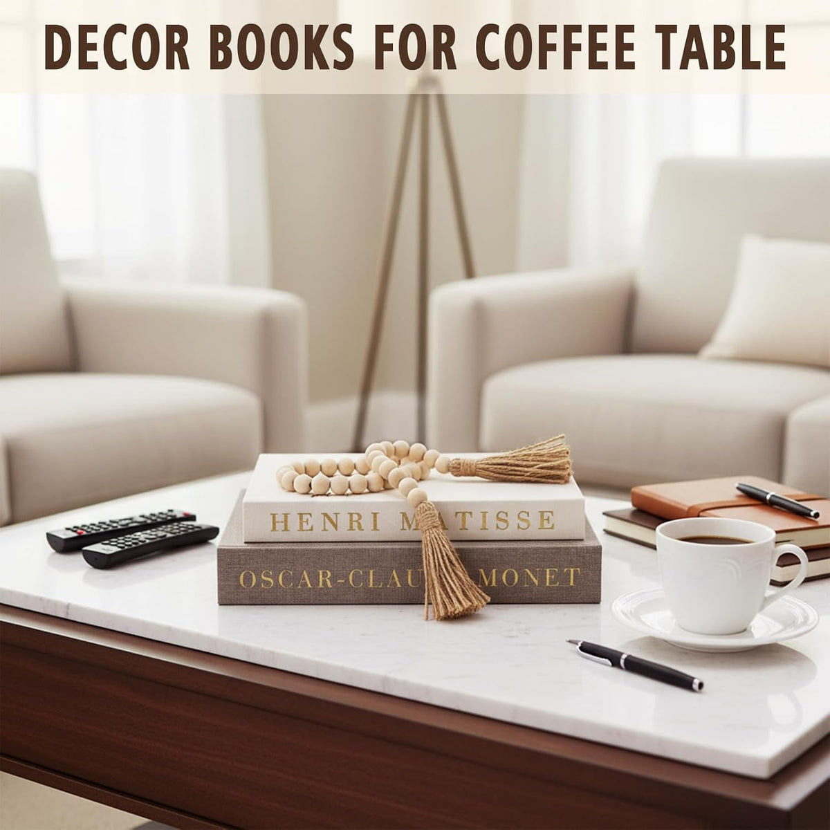 Decorative Books Set with Wood Bead Garland, Coffee Table Decor