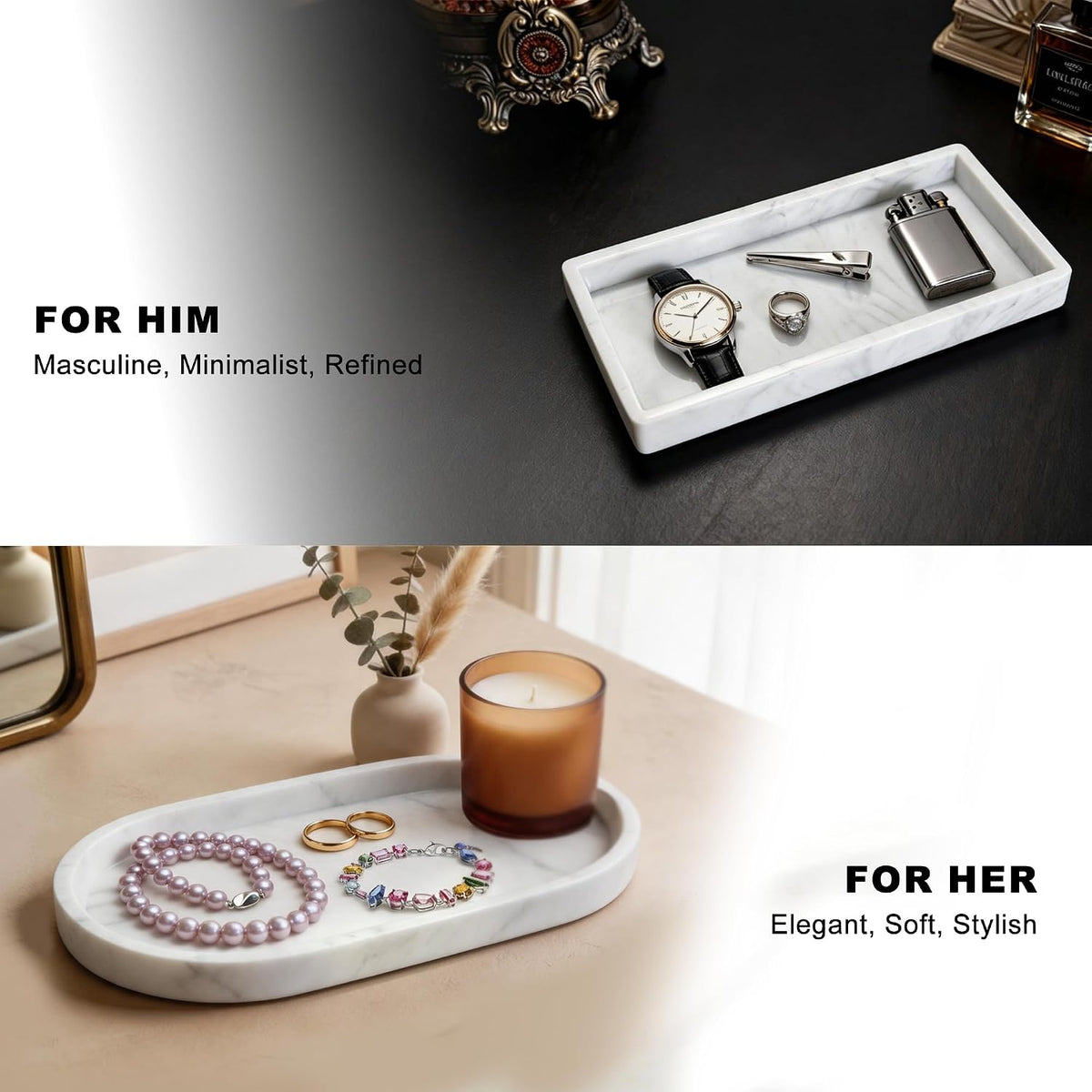 HO2ME Silicone Marble Pattern Tray, 2-Pack, Flexible Organizer, Crisp White