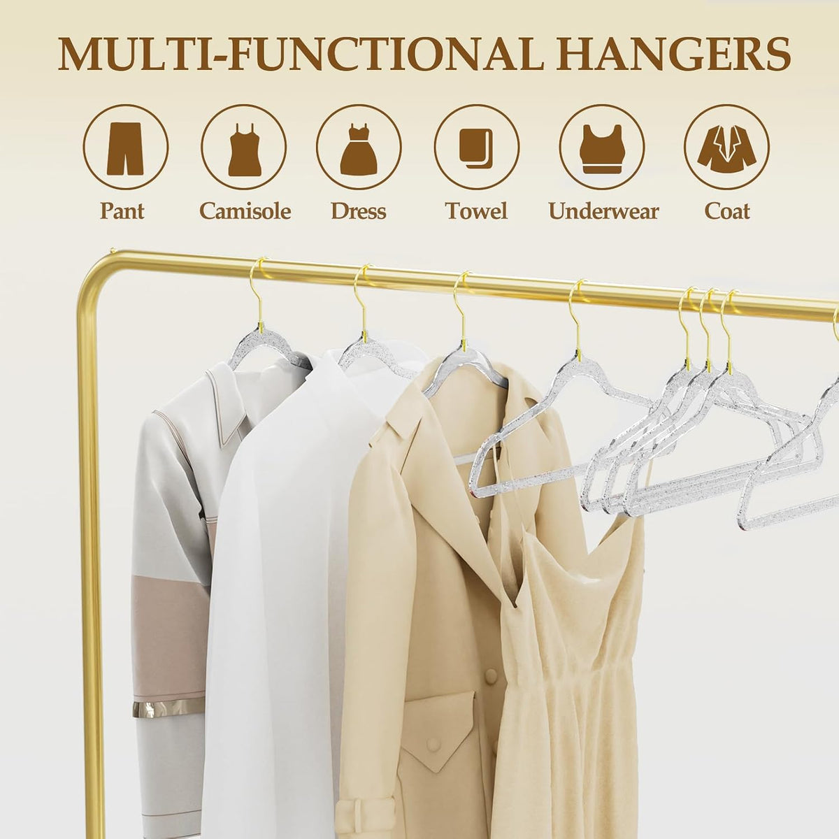 50 Pack Clear Acrylic Hangers with Silver Glitter, Space Saving
