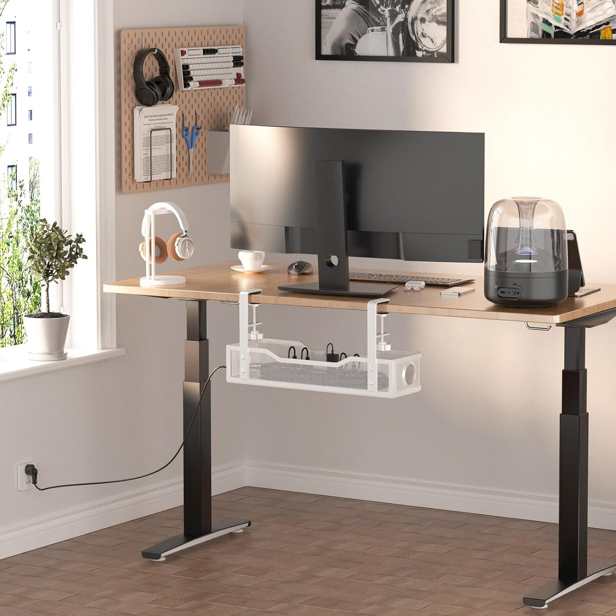 Under Desk Cable Management Large, Cinati 16" Cable Management Box for Table Thickness up to 3", Wire Cord Organizer with Clamp No Drill, No Damage to Desk (White)