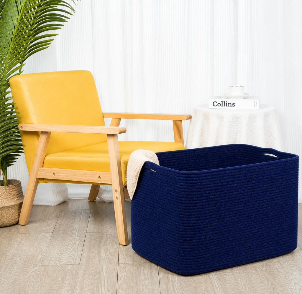 MINTWOOD Design 112L Extra Large Blanket Basket Holder Living Room, 25"x17"x16" Rectangle Rope Woven Storage Basket with Handles for Laundry, Towels, Shoes, Dog Toy Organizer Bin Box, Full Navy