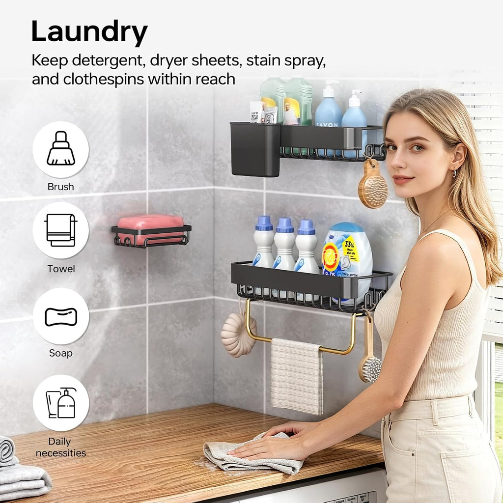 KINGRACK Shower Caddy Adhesive 4-Piece Rust-Resistant Shower Shelves, No-Drill Bathroom Shower Organizer with Large Capacity for Bathroom, Kitchen, and Laundry,Black